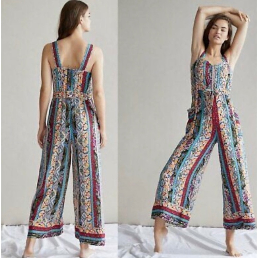 Anthropologie Wide Leg Sleeveless Vneck Jumpsuit‎ XS Boho Floral Paisley Pockets